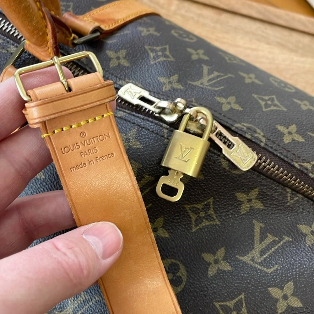 Louis Vuitton Brown Monogram Keepall Duffel with Tan Leather Trim